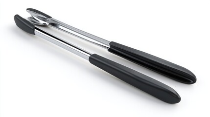 A single, perfectly lit 4K photorealistic image of a pair of silicone tipped cooking tongs, closed position, simple and functional design, isolated on a pure white background. Soft, diffused lighting