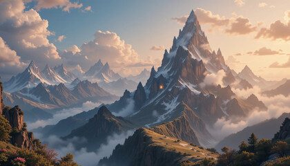 Snow Capped Mountains with Clouds and a Soft Warm Sky Landscape