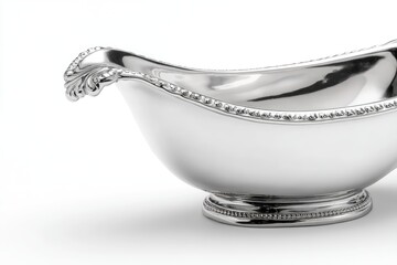 Polished silver serving dish, elongated oval shape with ornate handles and base