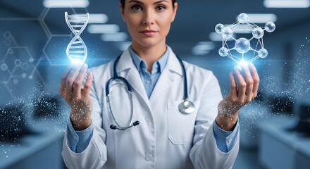 Female doctor holding DNA and molecule structures, representing medical research.