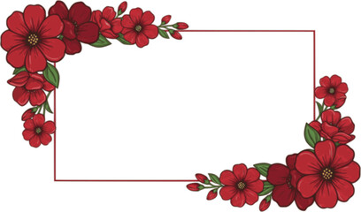Red flower frame vector illustration, PNG. Fun blossom border with square blank space. Perfect for cards, invitations, social media and graphic designs