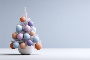 Minimalist white Christmas tree with pastel ornaments in modern interior. Winter holiday celebration and decor concept.