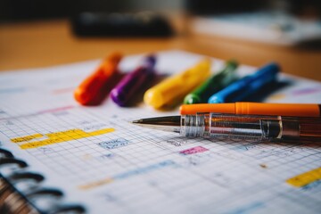 Colorful markers and a pen resting on a planner filled with organized notes and schedules