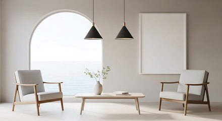 Fototapeta premium Serene Living Room with Ocean View and Modern Design