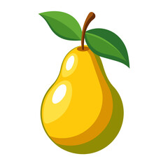 a yellow pear with a glossy surface showing white highlights, attached to a brown stem with two green leaves.