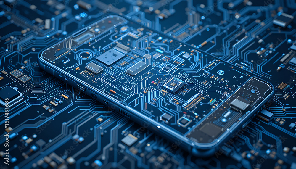 Poster close up of a smartphone circuit board with a complex network of components