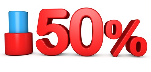 3D 50% Percent Text. 3D Graph Symbol Bold Red and Blue Color on White Background. 3D 50% isolated illustration. 50% Pie Chart.