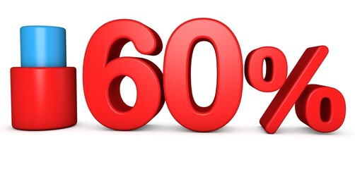 3D 60% Percent Text. 3D Graph Symbol Bold Red and Blue Color on White Background. 3D 60% isolated illustration. 60% Pie Chart.