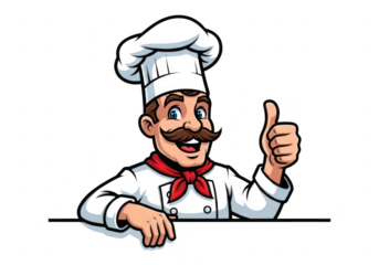 A cartoon chef with a mustache and a tall white hat gives a thumbs up isolated on transparent background