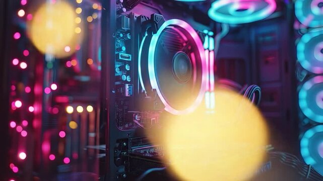 Neonlit PC Gaming Rig Closeup.
