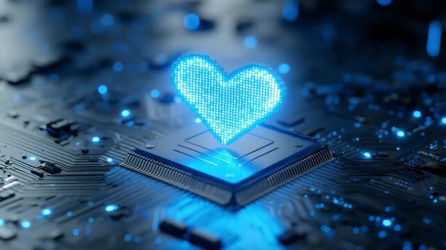Digital heart glowing on circuit board technology love