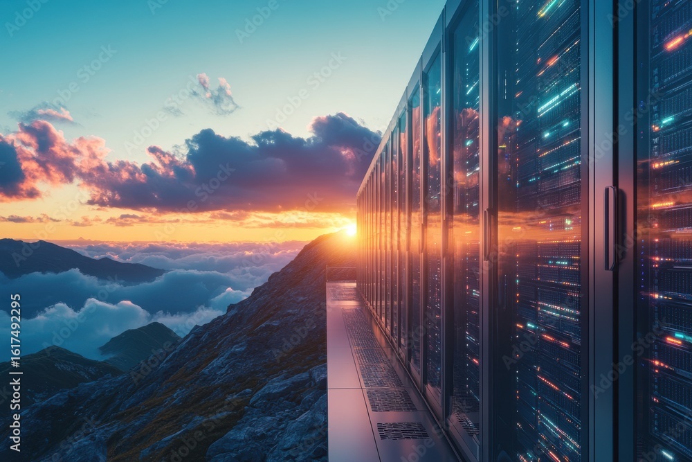 Aufkleber advanced cloud computing: data center on a mountain peak at sunset showcasing technological innovati