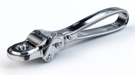 A single, high resolution 4K photorealistic image of a manual can opener, traditional design, perfectly clean and isolated on a pure white background. Even soft lighting to highlight mechanical