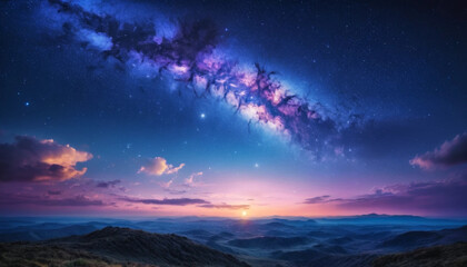 Fototapeta premium Milky Way Galaxy Over Mountain Landscape at Sunset with Starry Sky