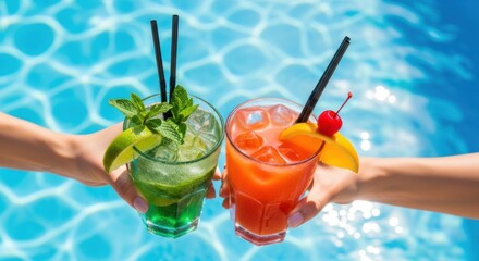Two hands holding colorful cocktails with ice and garnishes, toasting over a sparkling blue swimming pool