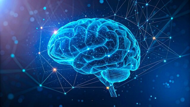 Futuristic digital illustration of glowing blue human brain with connected neural network on dark background

