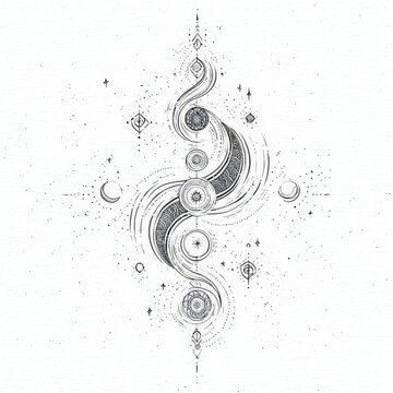  illustration of hindu Chakras flowing with stars and moons geometric shapes curving , fineline small details and stars ink white background 