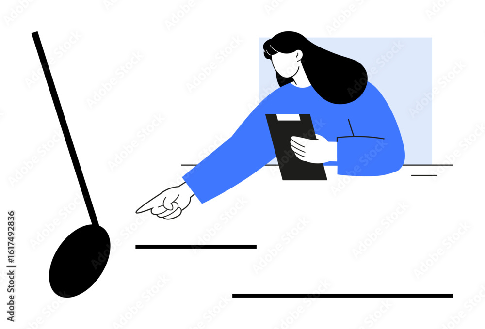 Poster woman holding a tablet and extending her arm to point while surrounded by abstract shapes and lines.