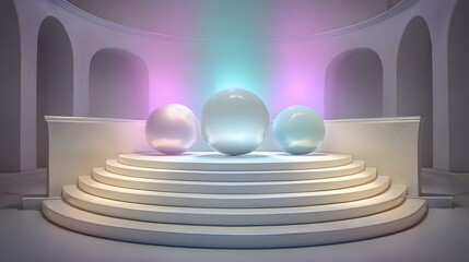 Obraz premium Three spheres on a tiered platform in a modern architectural setting.