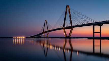 Obraz premium A bridge over water reflecting lights at sunset with a colorful sky
