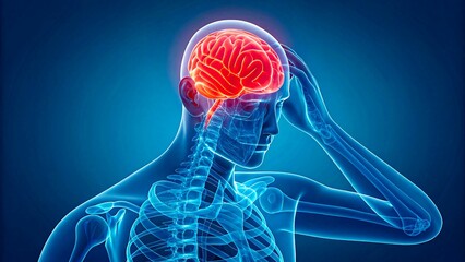 Digital rendering of human body with red glowing brain and hand on head, symbolizing headache or brain pain
