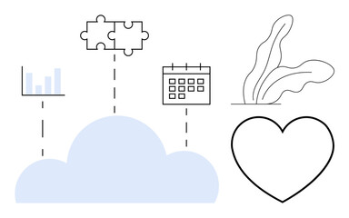 Cloud connecting chart, puzzle, calendar, plant, and heart outlines. Ideal for technology, communication, collaboration organization sustainability health and teamwork. Simple flat metaphor