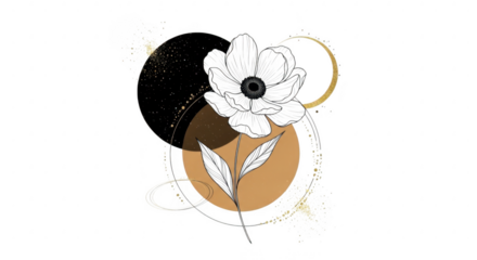 A delicate white flower with leaves and abstract geometric shapes in black, gold, and tan, isolated on a transparent background