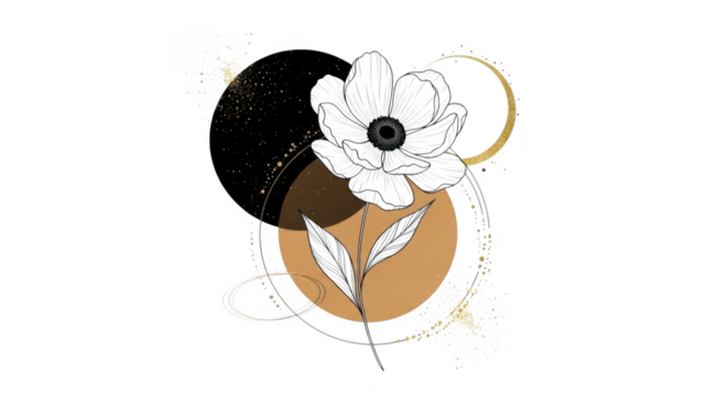 A delicate white flower with leaves and abstract geometric shapes in black, gold, and tan, isolated on a transparent background