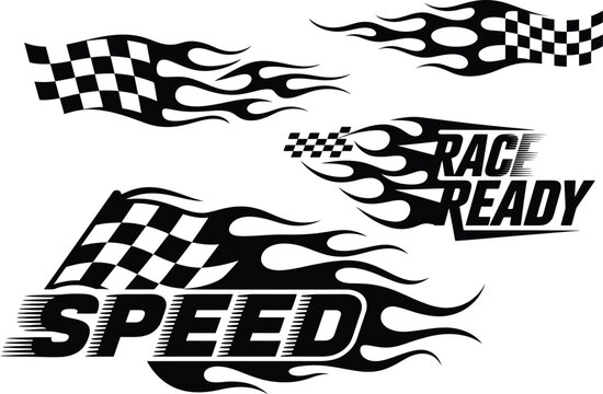 Dynamic Black and White Tribal Flame Racing Graphics with Checkered Flags and Speed Text Elements