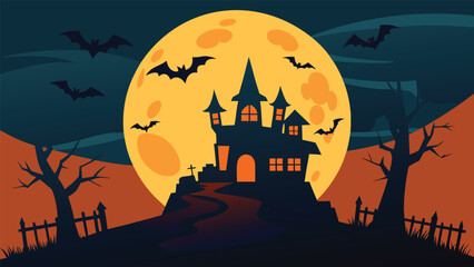  Spooky haunted castle silhouetted against a large full moon with bats flying
