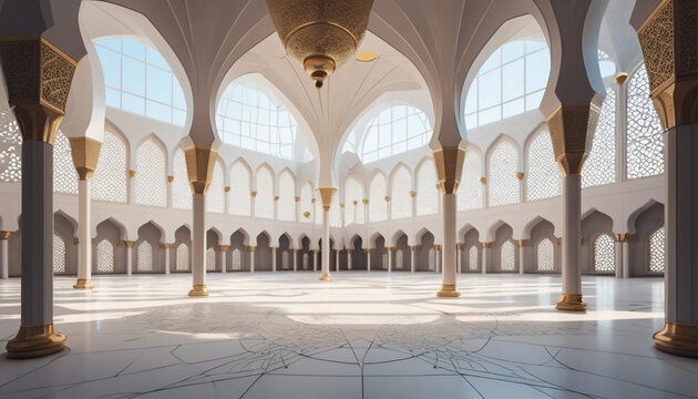 White and Gold Mosque Interior with Grand Architecture and Natural Light
