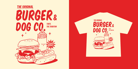 Vintage-style illustration of a juicy burger, classic hotdog, and a retro mayo bottle. Designed with bold lines, warm retro colors, and nostalgic diner vibes—perfect for t-shirt prints or posters