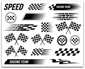 Racing car stripes bundle with track-ready decals, finish banners, racing checkered flags, and motocross-inspired type graphics for fast-paced vehicle art	