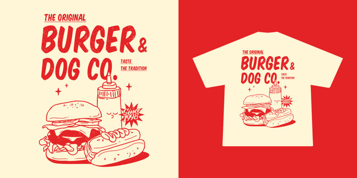 Vintage-style illustration of a juicy burger, classic hotdog, and a retro mayo bottle. Designed with bold lines, warm retro colors, and nostalgic diner vibes—perfect for t-shirt prints or posters