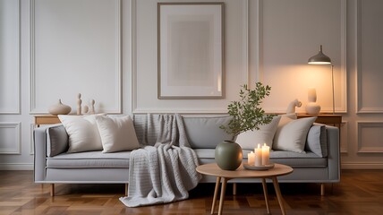 Elegant living room with plush sofa throw blanket and decorative accents