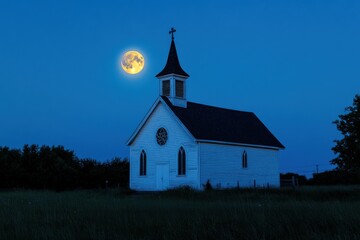 Fototapeta premium Serene Country Church Under Moonlight: A Timeless Scene Bathed in Ethereal Glow, Creating a Peaceful Night.