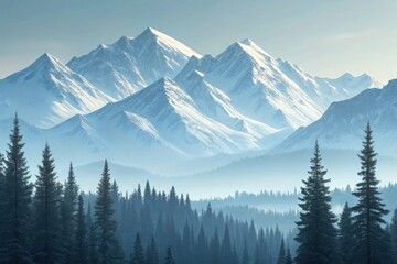 Fototapeta premium Majestic snowcapped mountains rise above a dense evergreen forest under a clear blue sky