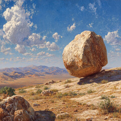 Large Rock Formation Balanced on Edge in Desert Landscape with Blue Sky and Clouds Natural Wonder