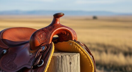 A closeup view of a weathered leather western saddle resting on a wooden post in a dry, grassy field