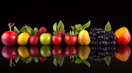 Colorful fruits arranged in a row against a black background.
