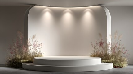 Obraz premium Empty podium with decorative plants in a modern setting.