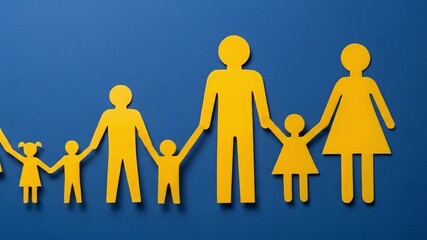 United Generations: Yellow Paper Cut-Out Family Figures Holding Hands on a Blue Background, Symbolizing Community, Support, and Social Connection