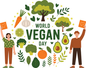 A digital illustration celebrating World Vegan Day, with a man and woman surrounded by a circular arrangement of vegetables and fruits.