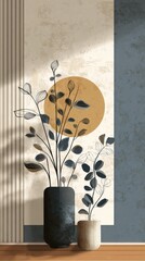 Modern art, interior wall art with plant motifs, simple lines and forms, calm color palette, minimalist and sophisticated atmosphere