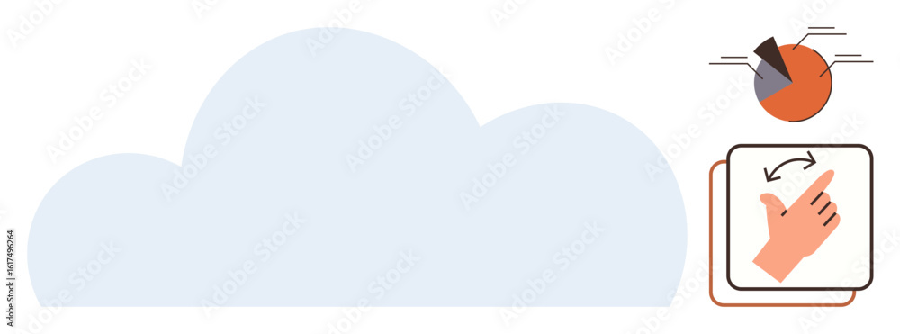 Poster large cloud shape symbolizing cloud storage, pie chart indicating analytics, and hand gesture on a t