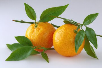 Two ripe tangerines with fresh leaves
