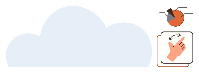 Large cloud shape symbolizing cloud storage, pie chart indicating analytics, and hand gesture on a touchscreen interface. Ideal for technology, data storage, innovation, interaction, analytics, cloud