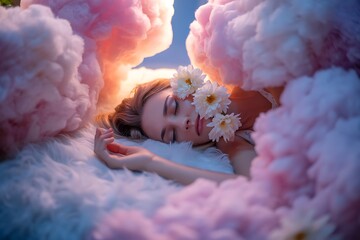 Serene woman peacefully sleeping amidst soft pink clouds and delicate white flowers, a tranquil dreamscape