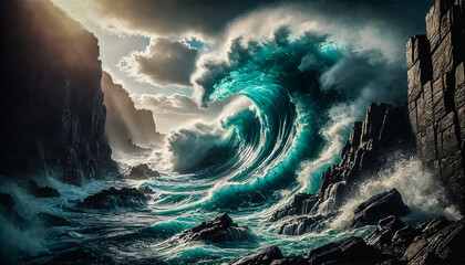 A scene of powerful ocean waves crashing against a rocky cliff. The waves are captured in mid-motion with large, curved crests and a bright turquoise color.