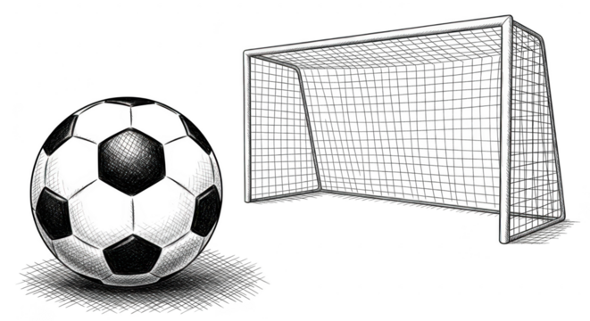 A black and white illustration of a soccer ball next to a soccer goal isolated on transparent background